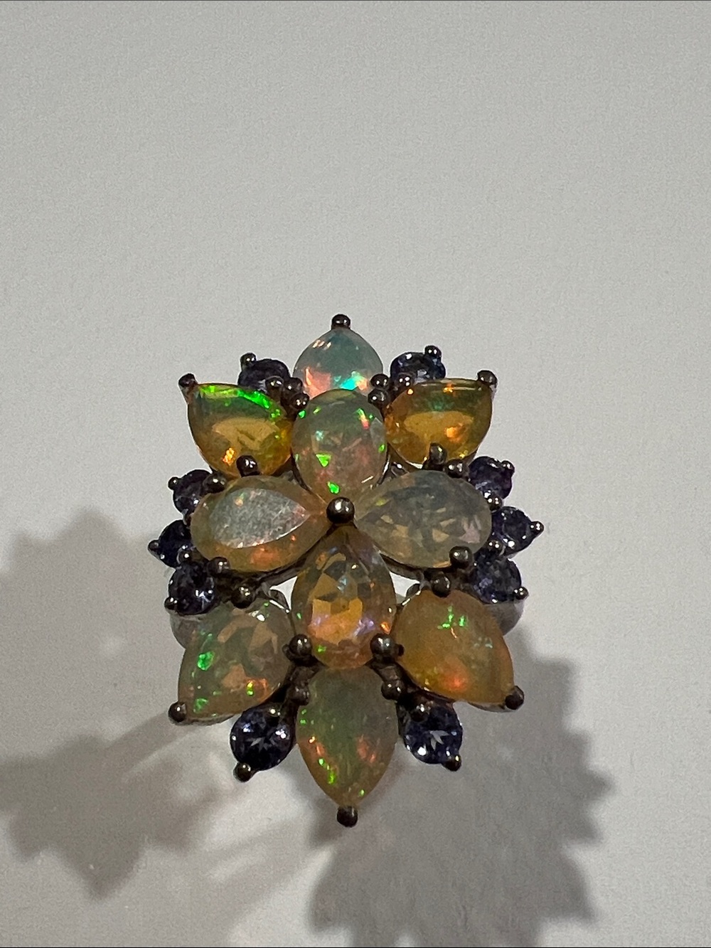 Sterling Silver Ethiopian Fire Opal and Tanzanite Ring